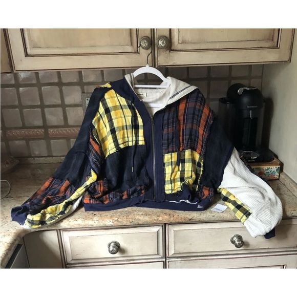 Free People Patch And Reverse Hoodie Pieced Plaid Patchwork Blue Rust Yellow Ivo - Picture 4 of 7